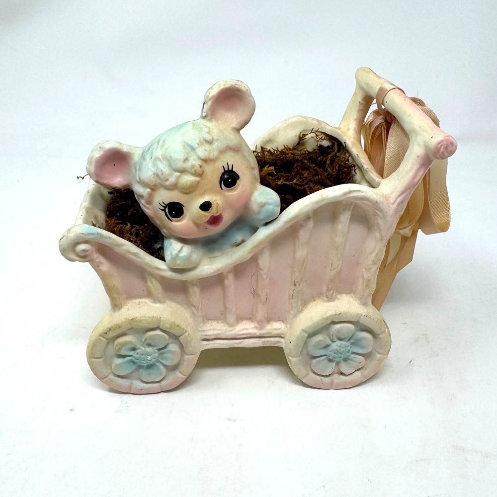 Vintage Kitsch Bear Baby Carriage Planter Pink Blue Ceramic Inarco Japan Nursery